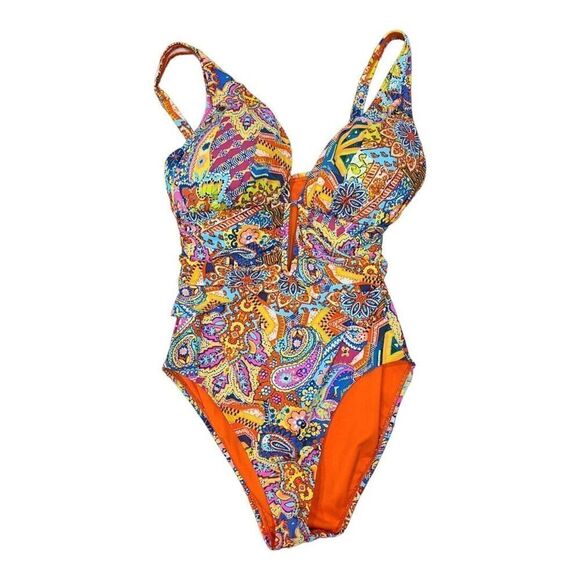 Bleu Rod Beattie Swimsuit Flattering Piece Paisley Key Hole Multicolor | 10 EUC - Picture 2 of 12